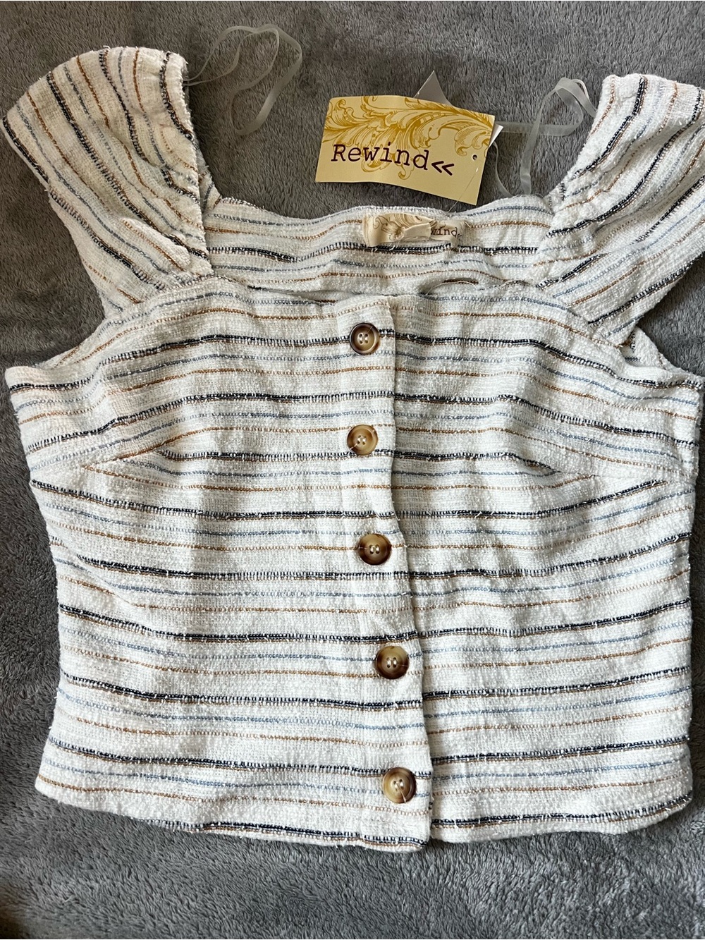 Rewind Cream Striped Button-Front Crop Tank